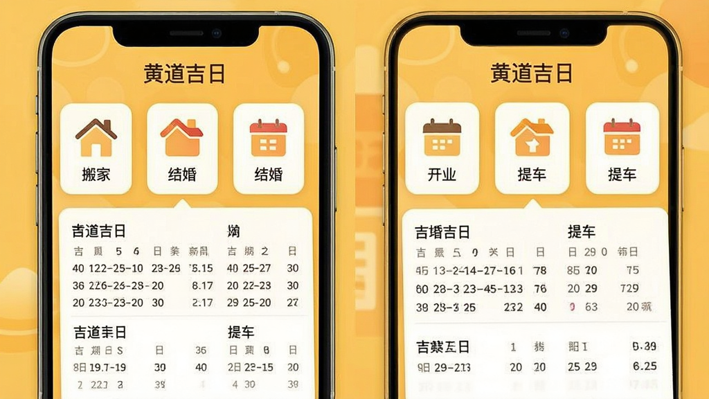 一张展示“黄道吉日”软件多场景择日功能的界面图,画面为手机屏幕,屏幕上显示搬家、结婚、开业、提车等多个场景图标,点击后展开对应的吉日列表,背景为暖黄色调,布局为网格状排列,风格为温馨实用的生活类应用界面,细节上图标简洁明了、日期列表清晰,画质高清,干净,无多余元素。