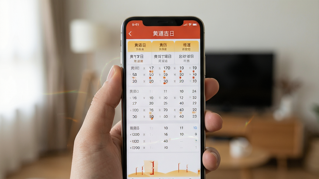 一张展示“黄道吉日”软件在手机上运行流畅的界面图,画面为手持手机的特写,手机屏幕上显示黄历查询结果页面,周围有轻微的光影效果,背景为模糊的室内环境,布局为居中构图,风格为真实使用场景摄影感,细节上手机边框清晰、屏幕内容可见,画质高清,干净,无多余元素。