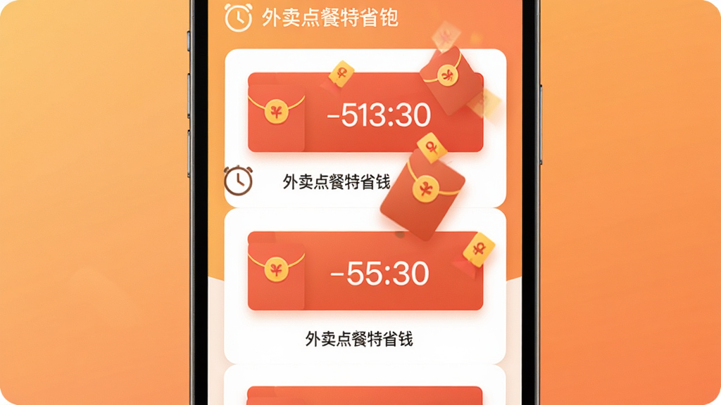 外卖点餐特省钱红包更新界面生图,画面为手机屏幕特写,屏幕中显示多个红包图标和倒计时数字,背景为暖色调渐变,布局为纵向排列,风格为现代简约扁平化,细节包括红包飘落动画效果、时钟图标、