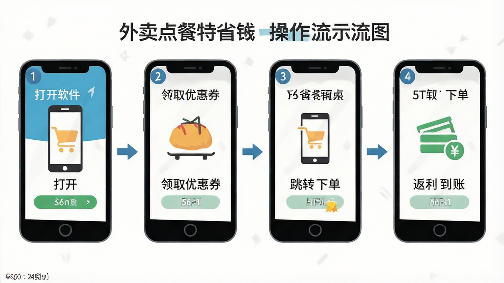 外卖点餐特省钱操作流程示意图,画面为手机界面分步骤展示,从左到右依次为打开软件、领取优惠券、跳转下单、返利到账四个步骤,布局为横向流程排列,风格为简洁扁平化图标设计,细节包括箭头连接、步骤数字标识、手机边框,画质清晰,干净无多余元素