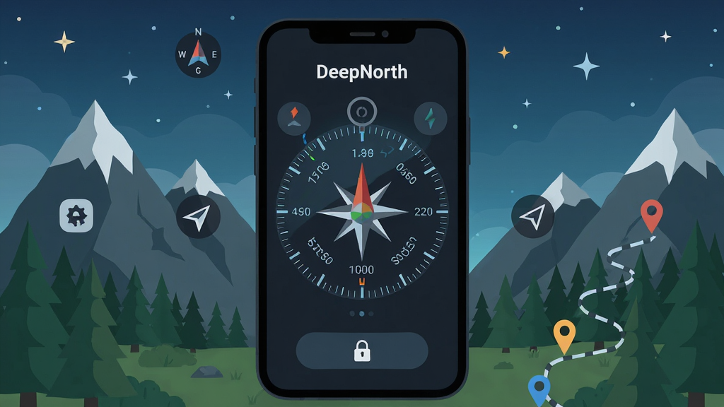 一幅展示DeepNorth软件主界面的详细插画,画面中央是一个深色背景的手机屏幕,屏幕内显示一个带有刻度环和方向指针的指南针界面,界面顶部有DeepNorth字样,屏幕周围环绕着山脉、森林和星空等户外元素,整体布局为手机屏幕居中,左右两侧分别有简洁的方位图标和路线标记,排版清晰有序,风格为扁平化科技感插画,细节包括屏幕上的数字方位角、磁偏角数值和方向锁定按钮,画质高清,干净,无多余元素