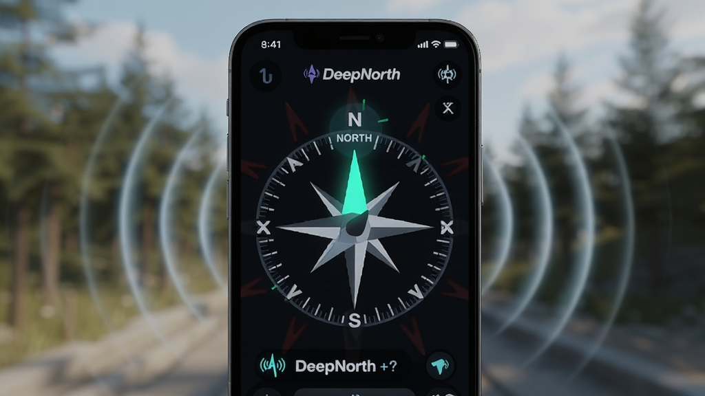 一幅表现DeepNorth视觉与震动反馈的AI生图,画面主体为一部手机特写,屏幕显示指南针界面且正北方向有高亮色块闪烁,手机周围有震动波纹图形,布局为手机居中,背景为模糊的户外场景,风格为科技感产品展示图,细节包括屏幕上的方向文字和震动强度图标,画质高清,干净,无多余元素