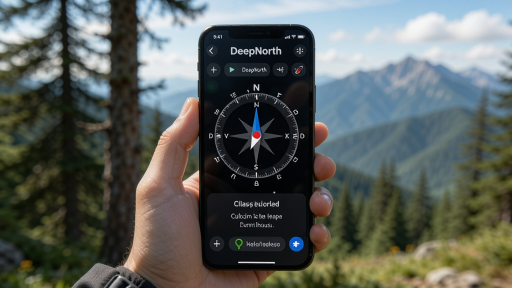一幅展示DeepNorth新手操作场景的AI生图,画面主体为一只手拿着手机在户外使用DeepNorth,手机屏幕显示指南针界面和校准提示,周围有树木和远山,布局为手持手机居中,背景为自然风光,风格为写实生活摄影风格,细节包括屏幕上的校准文字和方向指针,画质高清,干净,无多余元素