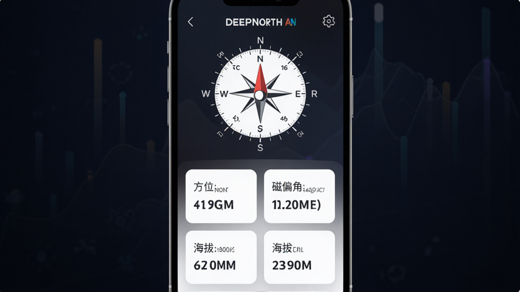 一幅展示DeepNorth数据面板的AI生图,画面主体为手机屏幕特写,屏幕内显示DeepNorth指南针和下方数据卡片,卡片上写有方位角、磁偏角、经纬度、海拔、定位精度等数值,布局为手机居中,背景为深色渐变,风格为极简数据可视化风格,细节包括卡片之间的间距和数值字体,画质高清,干净,无多余元素