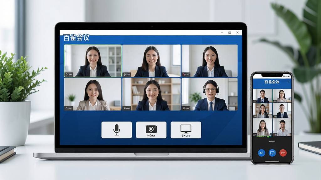 一张展示百雀会议软件核心全貌的宣传图,画面主体是一台笔记本电脑屏幕,屏幕上显示百雀会议正在进行多人视频会议的界面,有6个参会者视频窗口排列整齐,画面下方有麦克风、摄像头、屏幕共享等功能按钮,屏幕旁边有一部智能手机也同步显示百雀会议移动端界面,背景是现代化的办公桌和绿植,整体风格简洁商务,色调以蓝色和白色为主,细节清晰,画质高清,干净无多余元素,图片中带文字