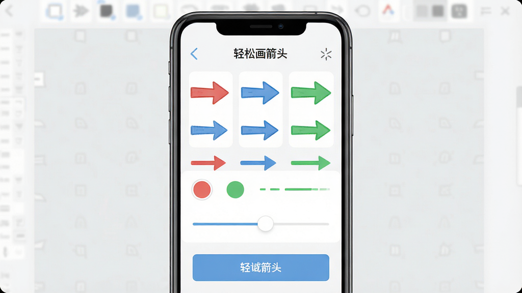 画面中央展示一部智能手机,屏幕上打开“轻松画箭头”软件界面,界面中有红色、蓝色、绿色多种箭头样式和线条粗细调节滑块,背景为浅灰色工作区,布局简洁清晰,风格为扁平化UI设计,细节包括箭头图标、颜色选择圆点和文字标注按钮,画质高清,干净,无多余元素