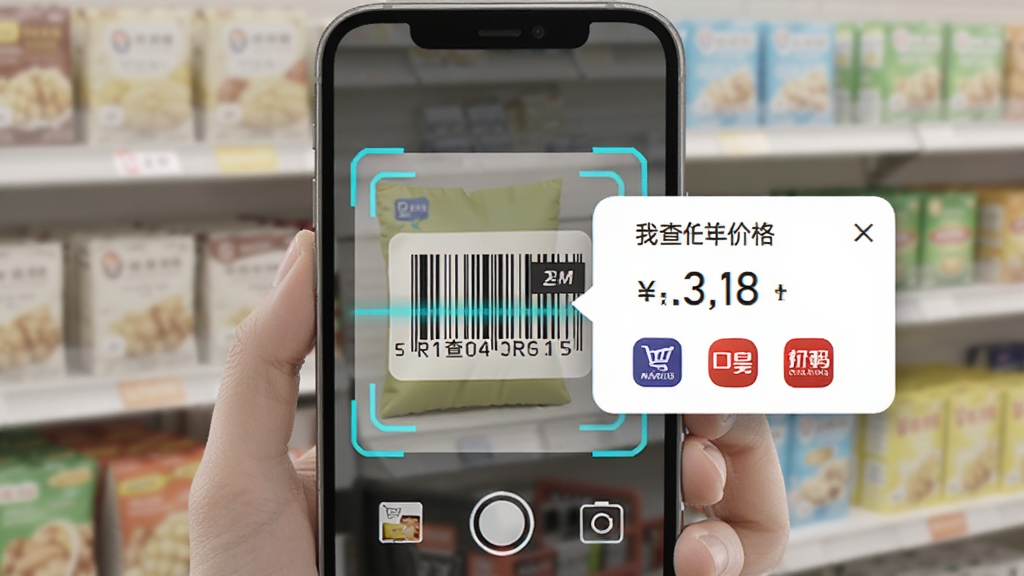 我查查购物助手扫码比价功能演示,主体为手机扫描商品条形码,布局为扫描框居中,排版突出扫描动作与价格弹出窗口,风格科技感,细节包含条形码、价格数字、电商平台图标,画质清晰,干净,无多余元素