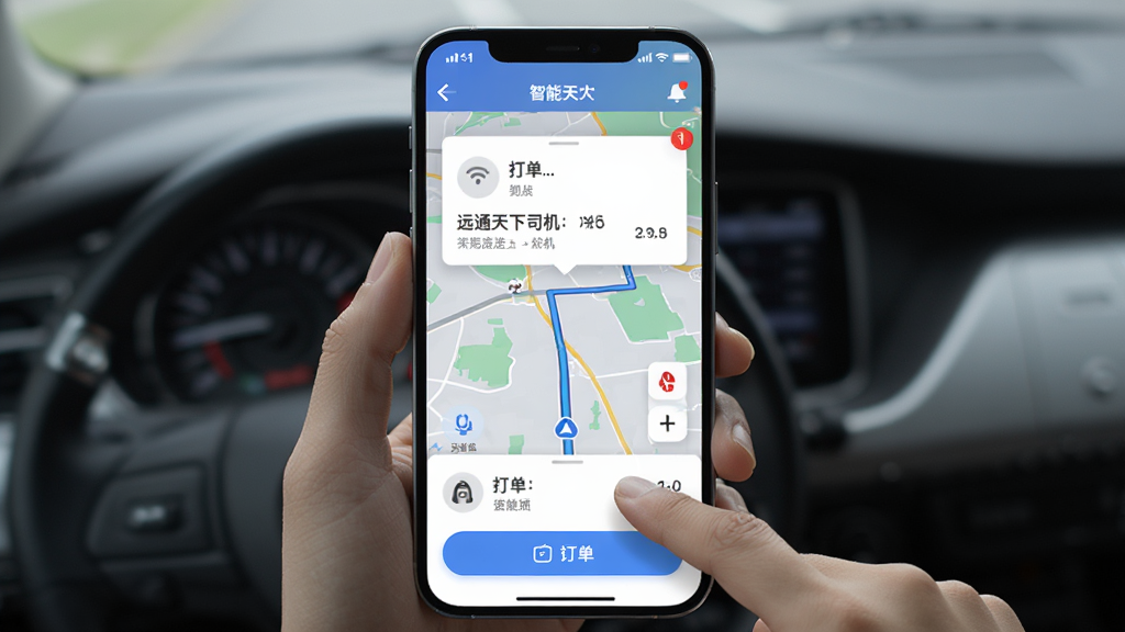远通天下司机端应用界面截图风格,展示智能推送和抢单按钮,手机屏幕中呈现地图路线和订单弹窗,主体为手机和手指点击动作,布局居中,风格现代科技感,细节有信号图标和通知角标,画质高清干净
