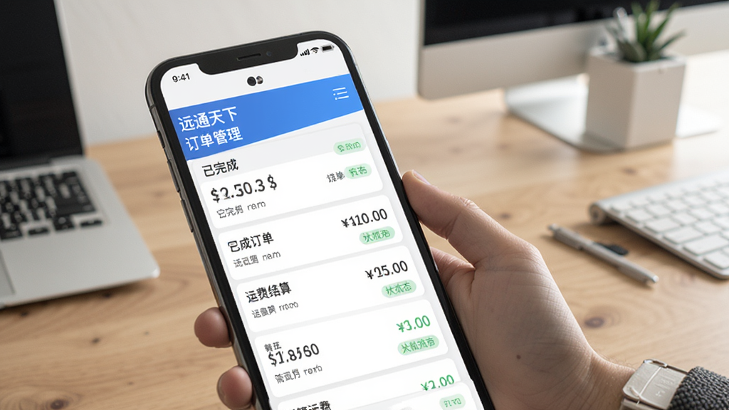 远通天下司机端订单管理页面,展示已完成订单列表和运费结算状态,画面以手机界面为主,背景为简洁办公桌面,布局上下结构,风格商务简约,细节有金额数字和状态标签,画质清晰干净无杂乱元素