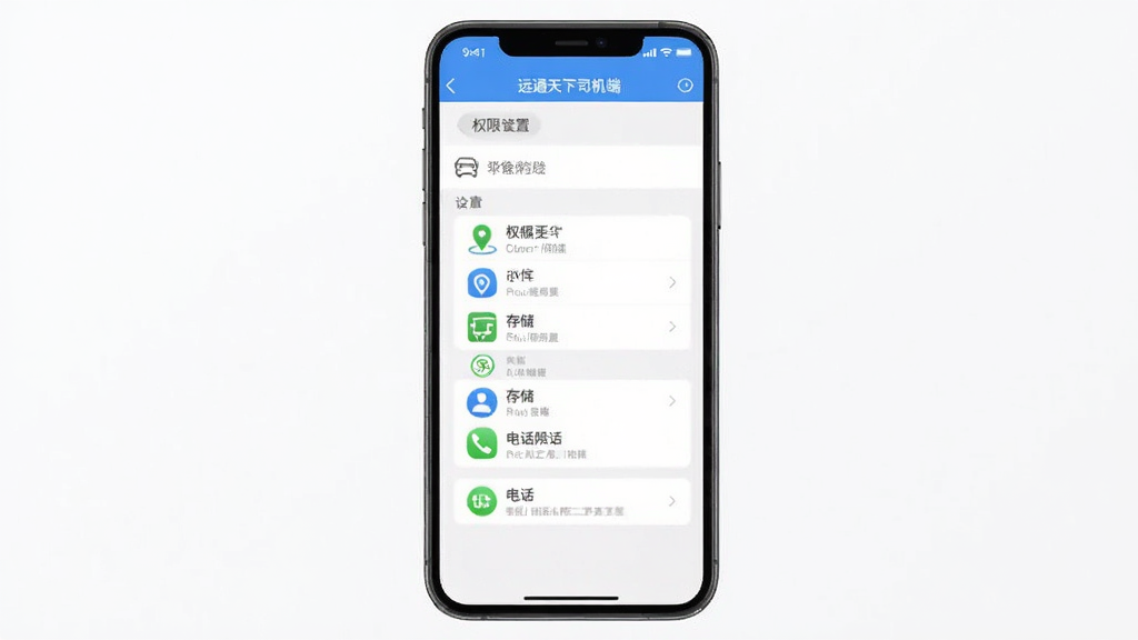 远通天下司机端安装权限设置示意图,手机屏幕显示权限管理页面,主体为手机和设置选项,布局居中,风格简洁明了,细节有定位、存储、电话权限图标,画质清晰干净