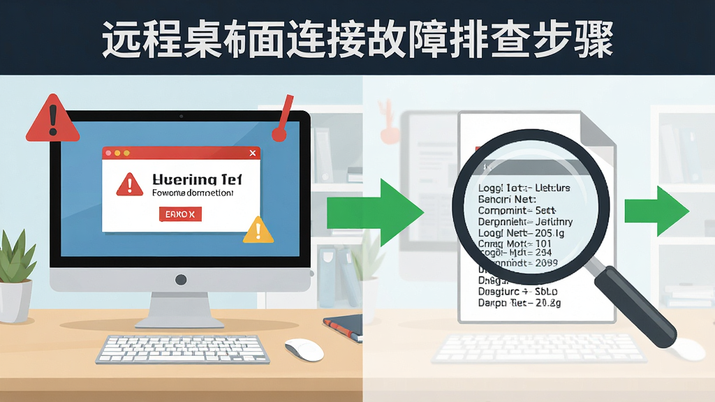 一张展示远程桌面连接故障排查步骤的流程图风格图片,画面中有电脑屏幕显示错误提示窗口,旁边有放大镜查看日志文件,背景为浅色办公桌面,布局为左右对比式,风格为信息图解,细节包含红色警示标识与绿色解决箭头,画质清晰,干净无多余元素