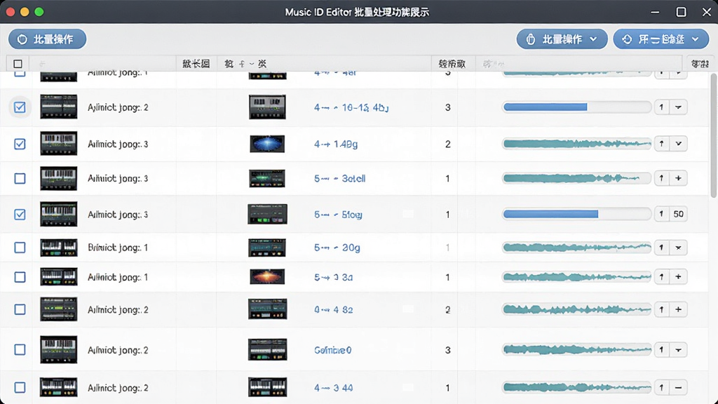 Music ID Editor 批量处理功能展示,主体为多个音频文件列表,布局为表格形式排列,排版整齐,风格为清爽商务风,细节包括勾选框、批量操作按钮、进度条,画质高清,干净,无多余元素