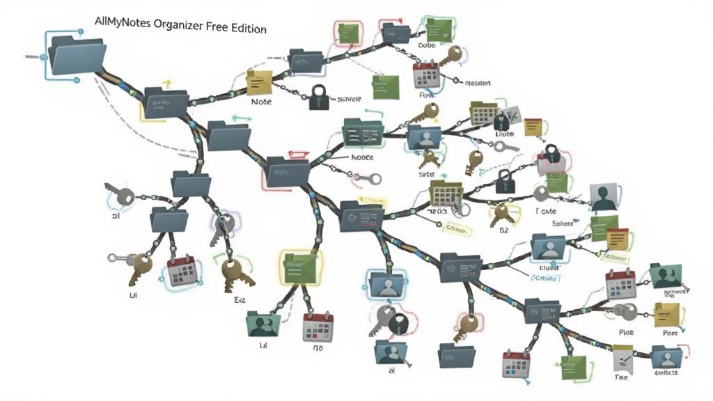 一张展示 AllMyNotes Organizer Free Edition 树状结构的示意图,画面主体是一棵由文件夹图标构成的抽象信息树,树枝上挂满了代表笔记、钥匙(密码)、日历和联系人的图标,布局从左上角的根节点向右下角发散延伸,风格为扁平化科技插画,细节包括连接线、节点高亮和分类标签,画质清晰干净,无多余元素,背景为干净的白色
