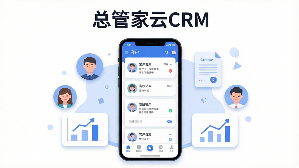 总管家云CRM软件主界面展示,画面中央是一部智能手机,屏幕上显示客户列表与跟进记录卡片,底部有导航栏图标,手机周围环绕着客户头像、合同图标、回款图表等元素,整体布局为居中构图,上方留白放置软件名称文字