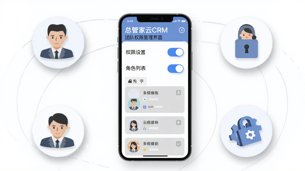 总管家云CRM团队权限管理界面,画面为手机屏幕显示权限设置开关与角色列表,屏幕周围有团队人物图标、锁形图标和齿轮图标,布局为环形围绕手机,风格为现代商务扁平插画,细节包含蓝色开关按钮、灰色角色卡片、柔和阴影,画质清晰,干净,无多余元素