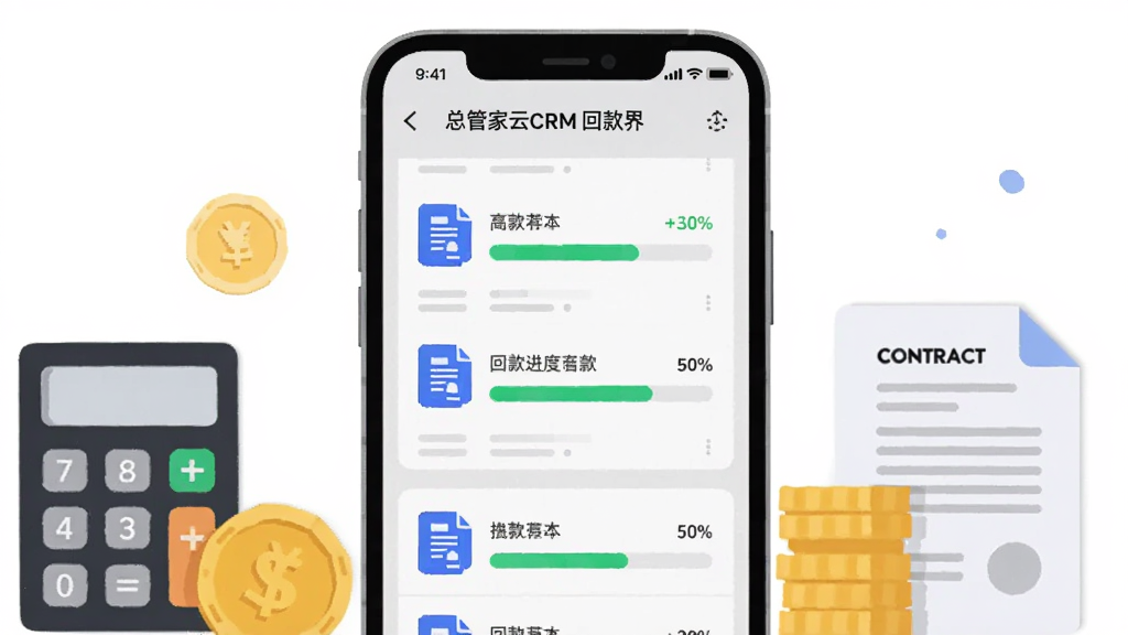 总管家云CRM合同回款界面,画面为手机屏幕展示合同列表与回款进度条,屏幕旁边有计算器、钱币图标和合同文件图形,布局为居中构图,上方留白,风格为商务简约插画,细节包含绿色进度条、蓝色合同图标、浅灰底色,画质清晰,干净,无多余元素