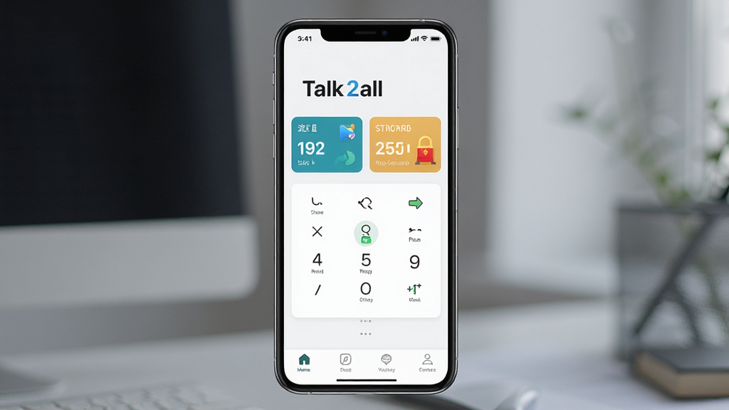 一张展示智能手机屏幕的图片,屏幕中显示“Talk2all”应用主界面,界面包含拨号盘、流量卡管理、充值入口等模块。主体为手机正面,布局居中,排版简洁清晰,风格为现代科技感,细节包括顶部状态栏、底部导航栏,画质高清,干净,无多余元素
