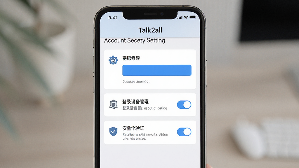 一张展示“Talk2all”应用内账户安全设置页面的图片,画面主体是手机屏幕,屏幕上显示密码修改、登录设备管理、安全验证等选项。布局为纵向排列,排版清晰,风格为简约商务,细节包括图标、文字说明、开关按钮,画质高清,干净,无多余元素