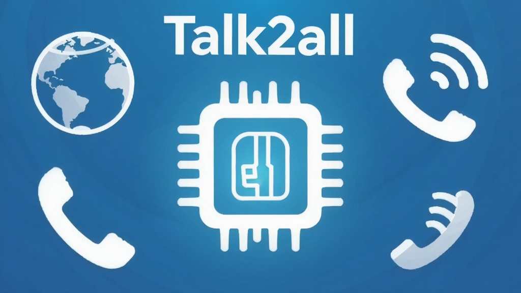 一张以“Talk2all”品牌为主题的插画,画面中央是一个发光的eSIM芯片图标,周围环绕着地球、电话听筒、流量信号等元素。布局采用中心对称,排版整齐,风格为扁平化科技风,细节包括蓝色渐变背景、白色线条勾勒,画质高清,干净,无多余元素