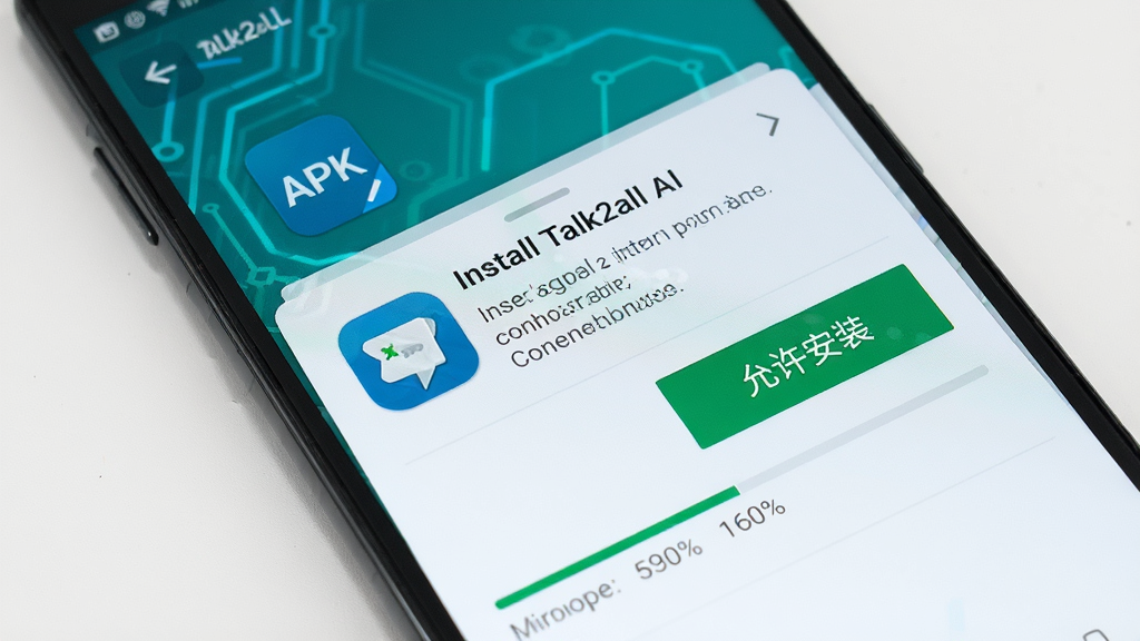 一张展示安卓手机安装“Talk2all”APK过程的图片,画面主体是手机屏幕,屏幕上显示安装权限提示和进度条。布局为纵向,排版简洁,风格为写实科技风,细节包括“允许安装”按钮、进度百分比、应用图标,画质高清,干净,无多余元素