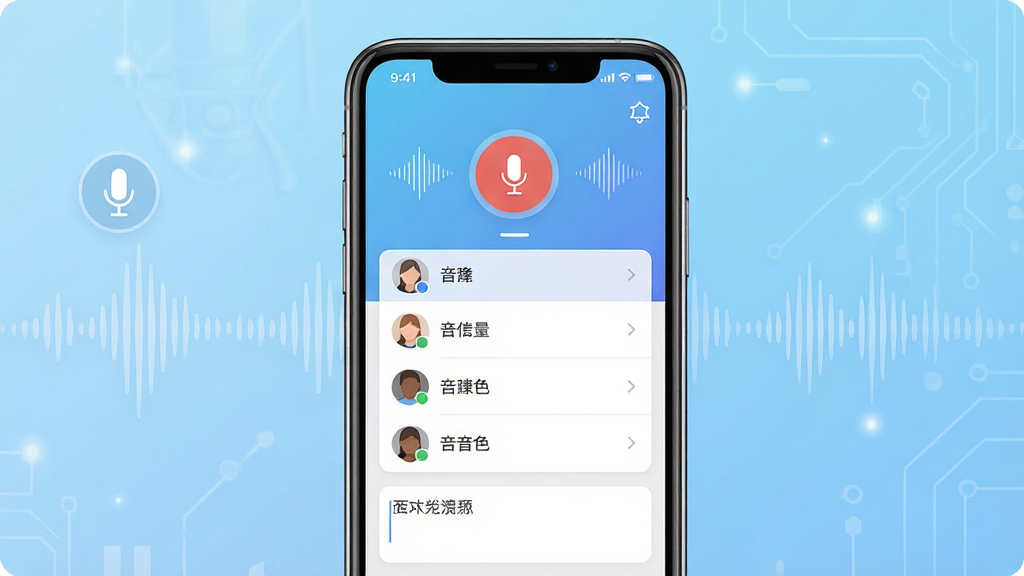 一张展示声音克隆大师软件界面的手机预览图,画面中央是一部竖屏智能手机,屏幕内显示声音克隆大师的主操作界面,包含录音按钮、音色列表和文本输入框,背景为浅蓝色渐变科技风格,整体布局简洁清晰,风格为现代扁平化UI设计,细节包括麦克风图标和声波纹理,画质高清,干净无多余元素