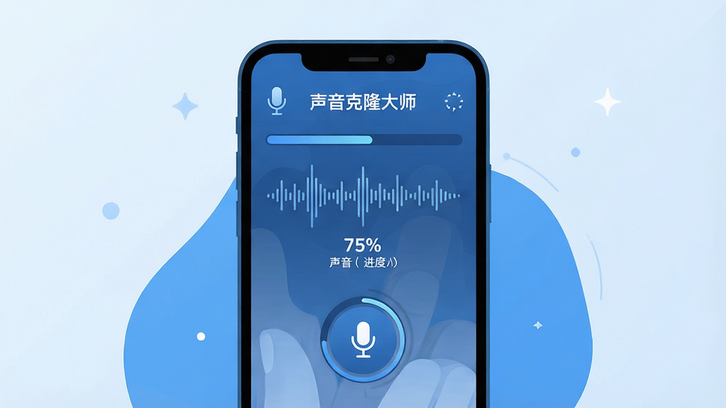 声音克隆大师极速声音采集功能展示图,主体为手机屏幕显示录音进度条和声波可视化动画,布局采用居中构图,排版上突出录音按钮和进度百分比,风格为科技蓝调扁平插画,细节包含麦克风图标和音频波纹,画质清晰,干净无多余元素,画面中标注文字