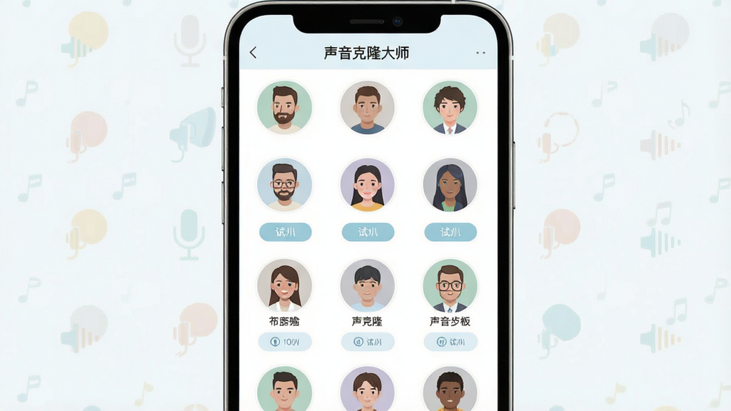 声音克隆大师音色模板选择界面图,主体为手机屏幕内排列多个圆形头像代表不同音色模板,布局为网格状排列,排版整齐有序,风格为清新浅色系扁平设计,细节包括每个头像下方的音色名称标签和试听按钮,画质高清,干净无多余元素,画面中标注文字
