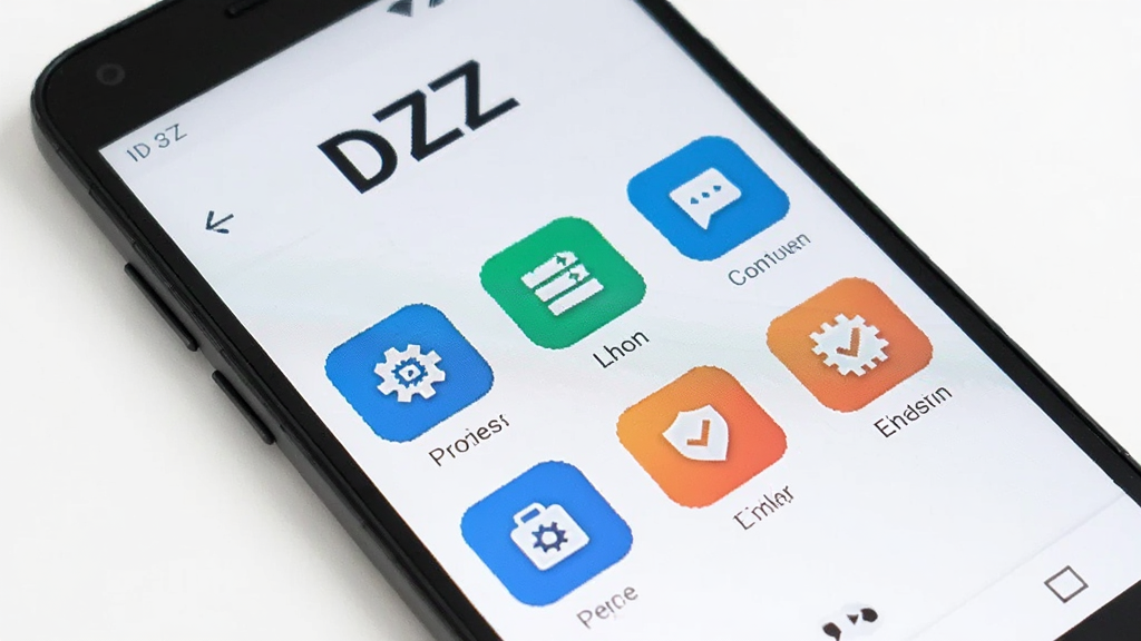 一部安卓手机展示DZZ软件的功能菜单页面,画面中手机屏幕显示“DZZ”文字和多个功能图标整齐排列,背景为白色简洁风格,整体布局清晰,画质高清,无多余元素