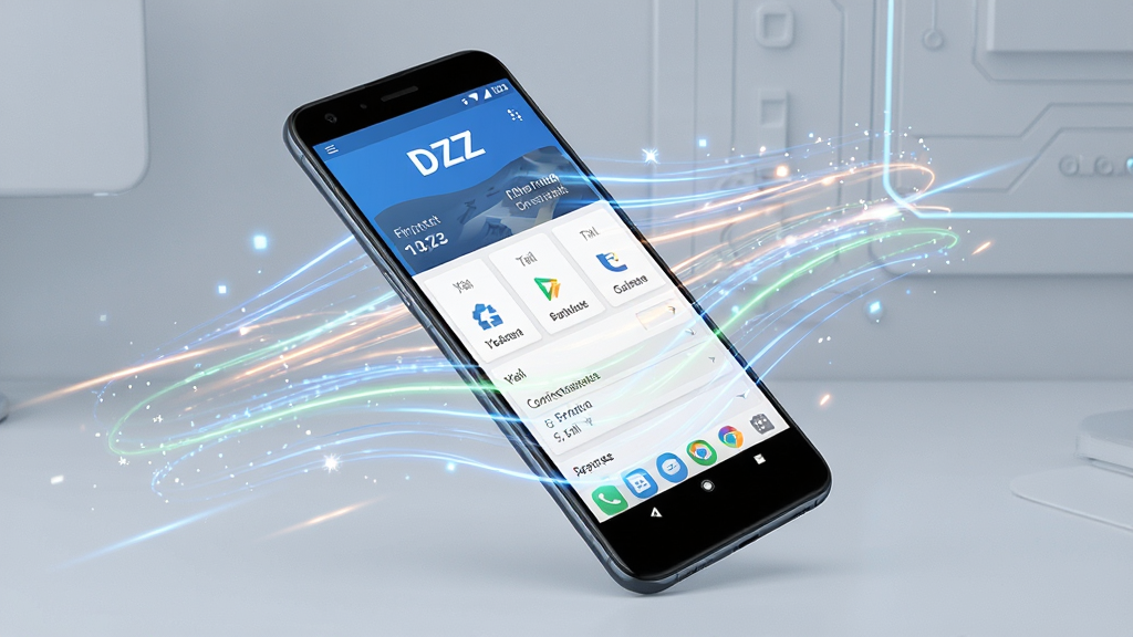 一部安卓手机运行DZZ软件的动态场景图,画面中手机屏幕显示“DZZ”软件界面,周围有流畅的线条和光效表示运行速度快,背景简洁,风格科技感十足,画质高清,干净无杂物