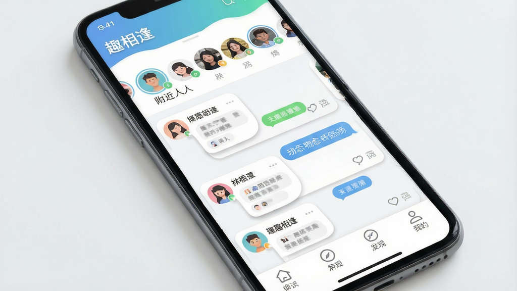 一张手机屏幕展示社交聊天应用界面的图片,画面中央是“趣相逢”应用主界面,上方有附近的人头像列表,中间为动态卡片瀑布流,底部为聊天、发现、我的导航栏,整体布局清晰,风格为现代简约扁平化,细节包含头像圆角、卡片阴影、消息气泡,画质高清干净,无多余元素