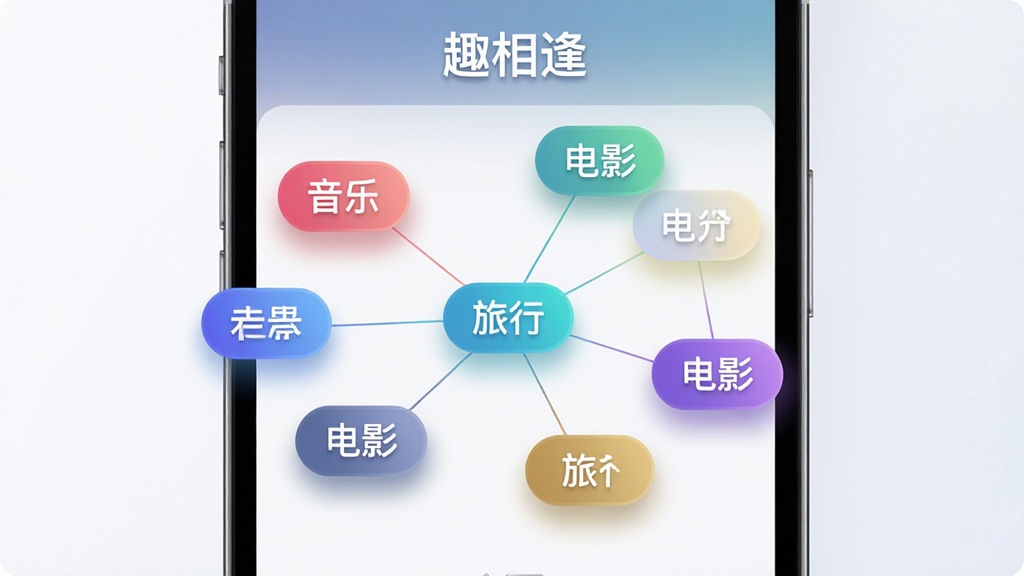一张展示“趣相逢”兴趣标签匹配功能的AI生图,主体为手机屏幕中央漂浮多个彩色兴趣标签如“音乐”“旅行”“电影”,标签之间用细线连接成网络,布局为居中放射状,排版简洁,风格为科技感轻拟物,细节包含标签投影与渐变光晕,画质高清,干净,无多余元素