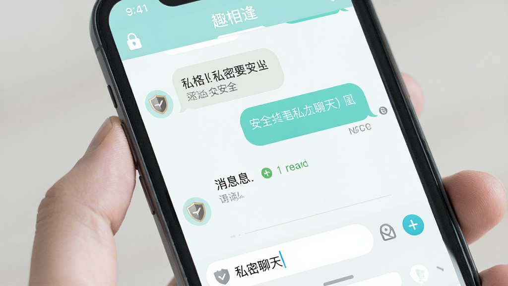 一张展示“趣相逢”私密聊天界面的图片,主体为手机屏幕显示对话气泡与输入框,布局为上下结构,排版清晰,风格为清新浅色系,细节包含锁形图标、盾牌安全标识、消息已读状态,画质高清,干净,无多余元素