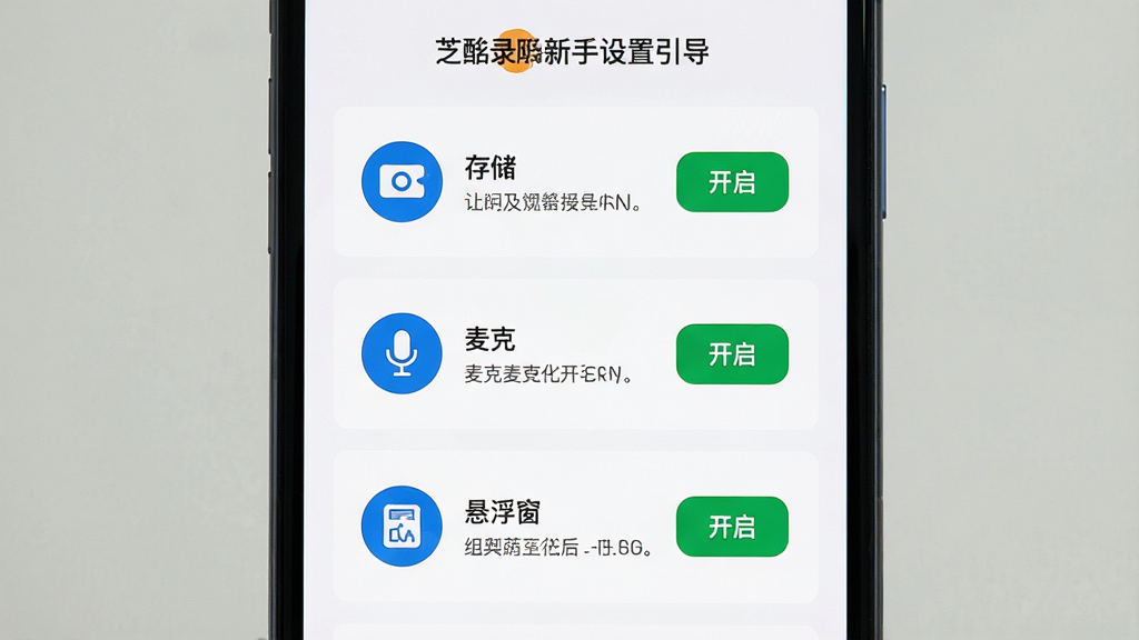 一张芝士录屏新手设置引导的AI生图,主体为手机屏幕显示权限授予引导页面,布局为从上到下依次排列存储、麦克风、悬浮窗三个权限图标,排版清晰,风格为扁平化引导页设计,细节包括每个权限旁的
