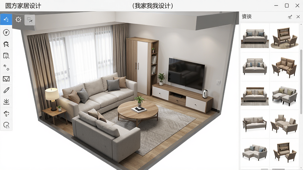 圆方家居设计(我家我设计)软件主界面全景展示,画面中央是三维客厅空间,左侧为户型绘制工具栏,右侧为家具素材库面板,整体布局清晰,风格写实明亮,细节包含沙发、茶几、电视柜等家具模型,画质高清干净,无多余元素
