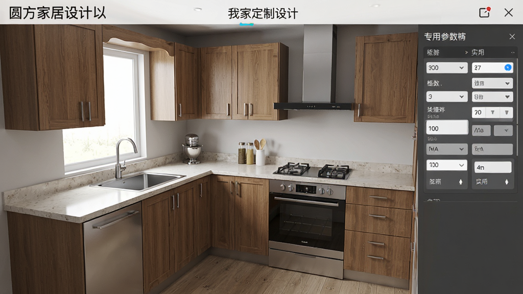 圆方家居设计(我家我设计)橱柜定制设计界面,画面中展示L型厨房布局,吊柜和地柜组合排列,台面上有水槽和灶具,右侧有柜体参数调整面板,风格专业实用,画质高清,细节清晰,无多余元素