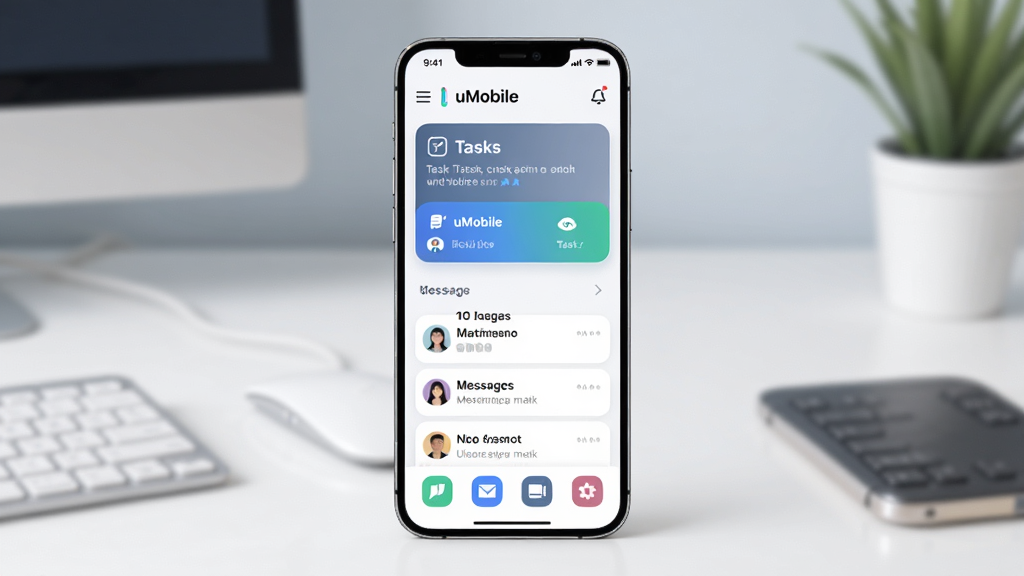 ��������չʾһ���ִ������ֻ�����Ļ�ڳ��� uMobile Ӧ�������棬��������Ƭ����Ϣ�б��͹���ͼ�꣬����Ϊ����İ칫���滷��������ͻ���ֻ����������棬���ֲ��þ��й�ͼ���Ű���ˬ�����Ϊ�ִ��Ƽ��б�ƽ�廭��ϸ�ڰ��������Ӱ��Բ��ͼ�꣬���� 4K ���壬�ɾ����޶���Ԫ��