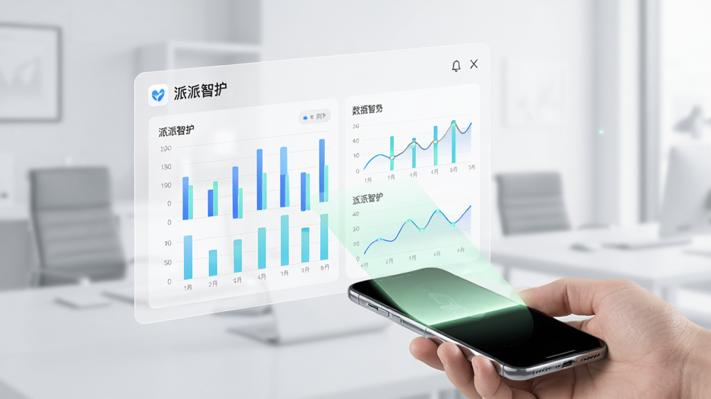 画面展示一块悬浮的虚拟数据面板,面板上排列着柱状图与折线图,图表旁标注“派派智护”应用名称,面板前方有一部手机正在被扫描,扫描光线呈淡绿色,背景为浅灰白色办公环境虚化,风格简约商务,细节清晰,画质干净,无多余装饰