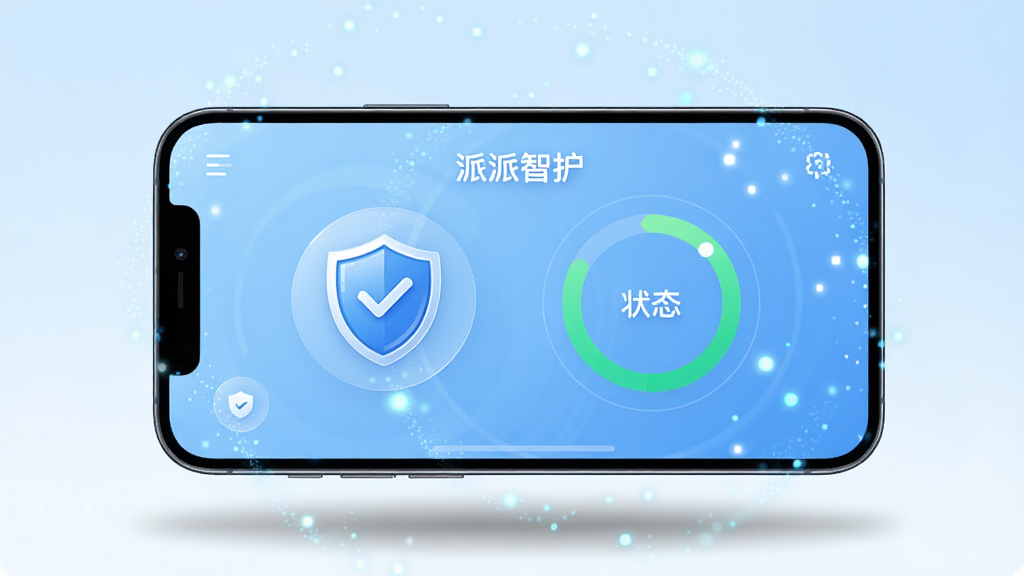 画面中央展示一部智能手机,手机屏幕内呈现“派派智护”应用主界面,界面布局简洁,包含盾牌图标与状态检测环形图,背景为浅蓝色渐变科技风格,四周环绕微光粒子效果,画面下方有柔和阴影,整体风格清新明亮,细节清晰,画质干净,无多余元素,高清渲染