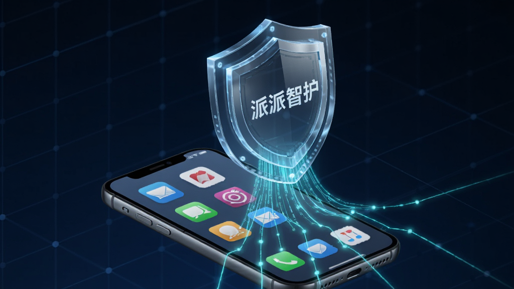 画面主体为一只半透明科技感盾牌悬浮在手机上方,盾牌表面显示“派派智护”文字标识,盾牌下方延伸出多条光线连接手机内的各类应用图标,背景为深蓝色网格空间,光线呈青蓝色,风格写实科技,细节丰富,画质清晰,干净无杂乱元素