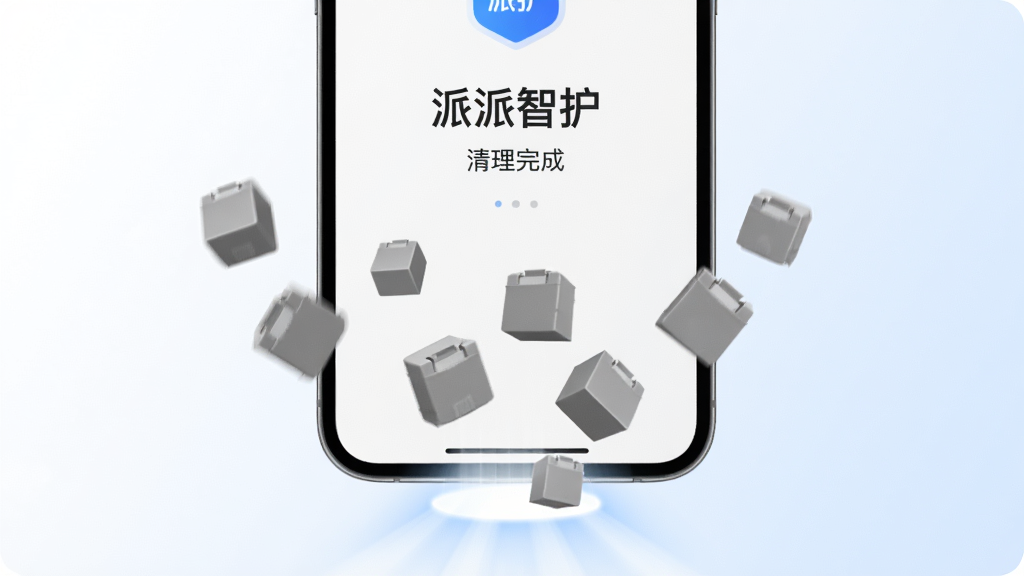 画面中央一部手机屏幕显示“派派智护”清理完成界面,周围漂浮着代表缓存文件的灰色方块正在被吸入手机底部的光效入口,背景为白色与淡蓝色渐变,风格清爽极简,主体突出,画质干净,无多余元素,高清渲染