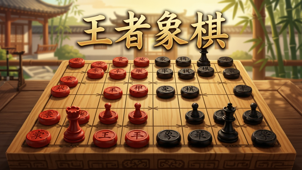 一张宽幅横向构图的中国象棋对弈场景插画,画面中央是一张木质纹理的象棋棋盘,红黑双方棋子整齐排列,棋盘上方悬浮着半透明的