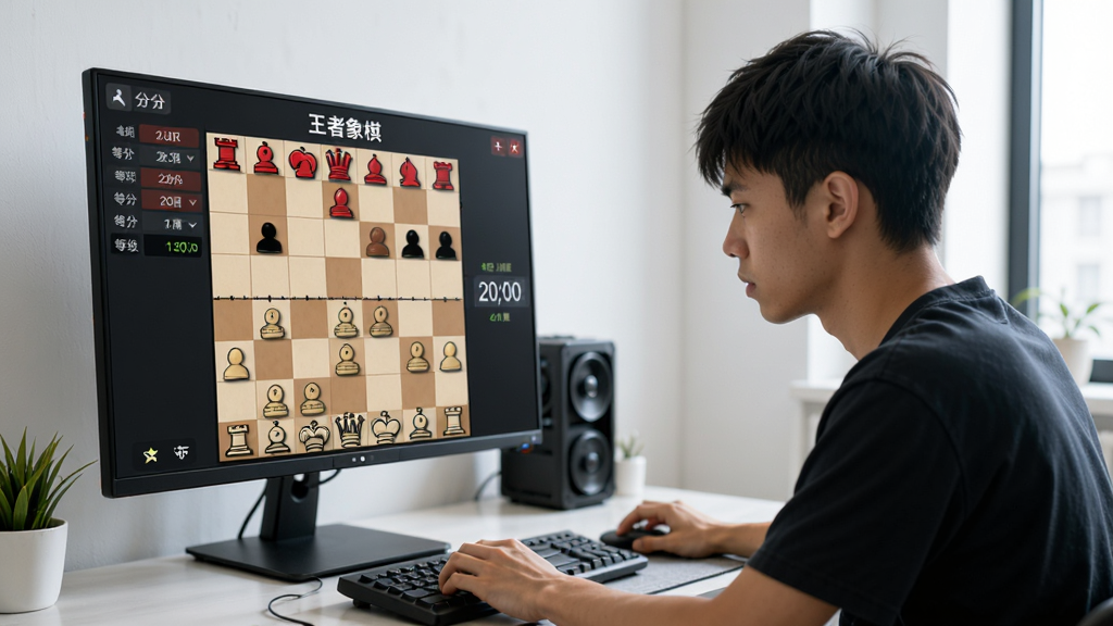 一位年轻棋手坐在电脑前专注下象棋的场景,屏幕中显示