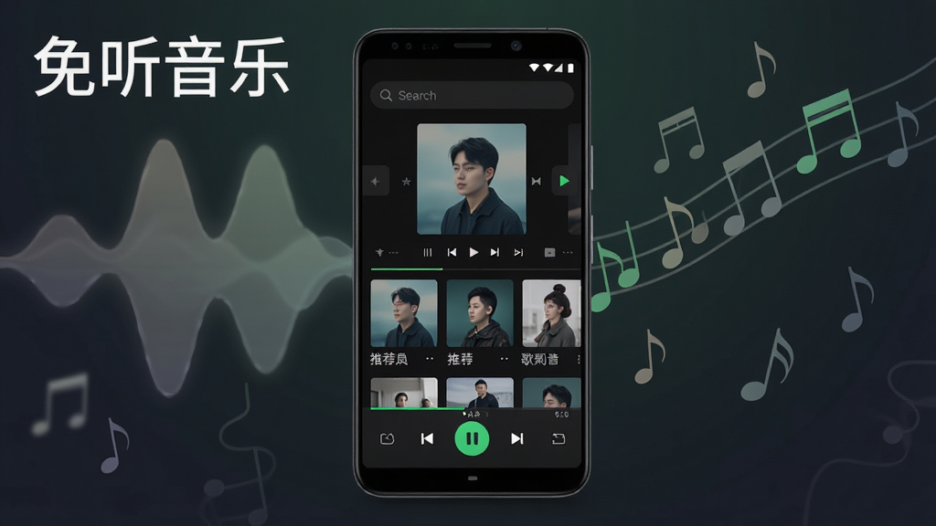 一张展示免听音乐软件主界面的手机截图风格图片,画面中央是一部竖屏安卓手机,屏幕内显示音乐播放器界面,包含搜索框、推荐歌单和底部播放控制栏,界面采用深色主题搭配绿色高亮按钮,背景是柔和的音乐波形与音符元素点缀,整体风格简洁现代,画质清晰,干净无多余元素,图中文字标注“免听音乐”