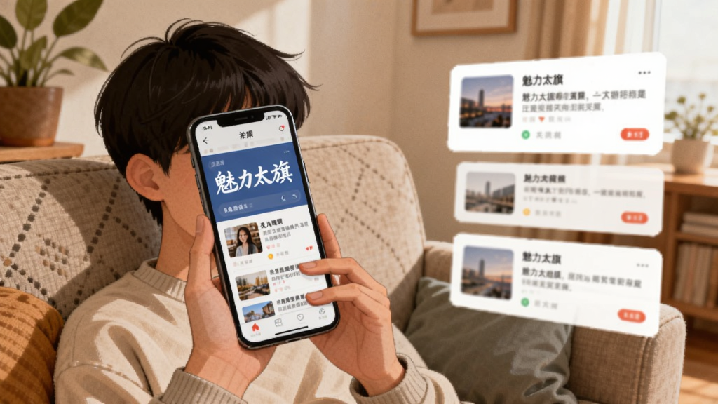 画面主体为一位年轻人坐在沙发上手持手机浏览新闻资讯,手机屏幕反射出