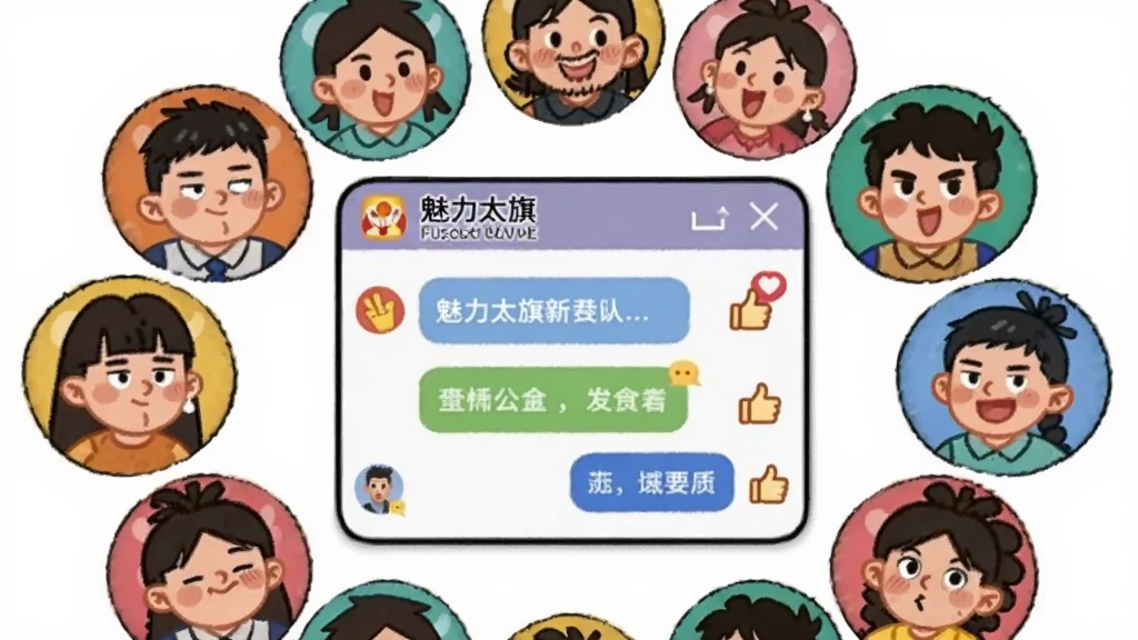 画面主体为多个圆形头像围绕着一个中心聊天框,聊天框内显示