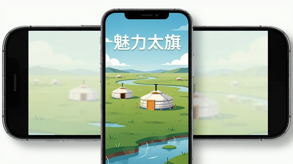 画面主体为一部智能手机,手机屏幕中显示着一片辽阔的绿色草原和白色的蒙古包,屏幕上方有
