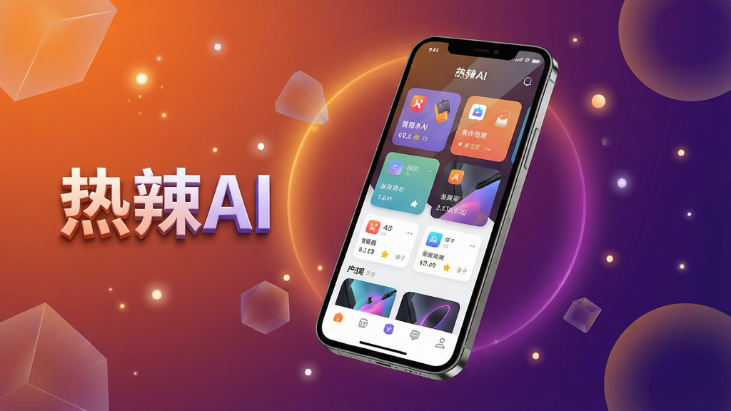 热辣AI软件主界面全貌展示,主体为一部智能手机悬浮在画面中央,屏幕内呈现热辣AI的首页布局,包含功能卡片与底部导航栏;背景采用暖橙与深紫渐变的科技感光晕,四周点缀半透明的几何图形与光点;排版上手机略微倾斜,左侧留白处放置“热辣AI”立体字样;风格为现代扁平化与轻拟物结合;细节上屏幕反光自然,图标边缘清晰锐利;画质为4K超清,干净无多余元素