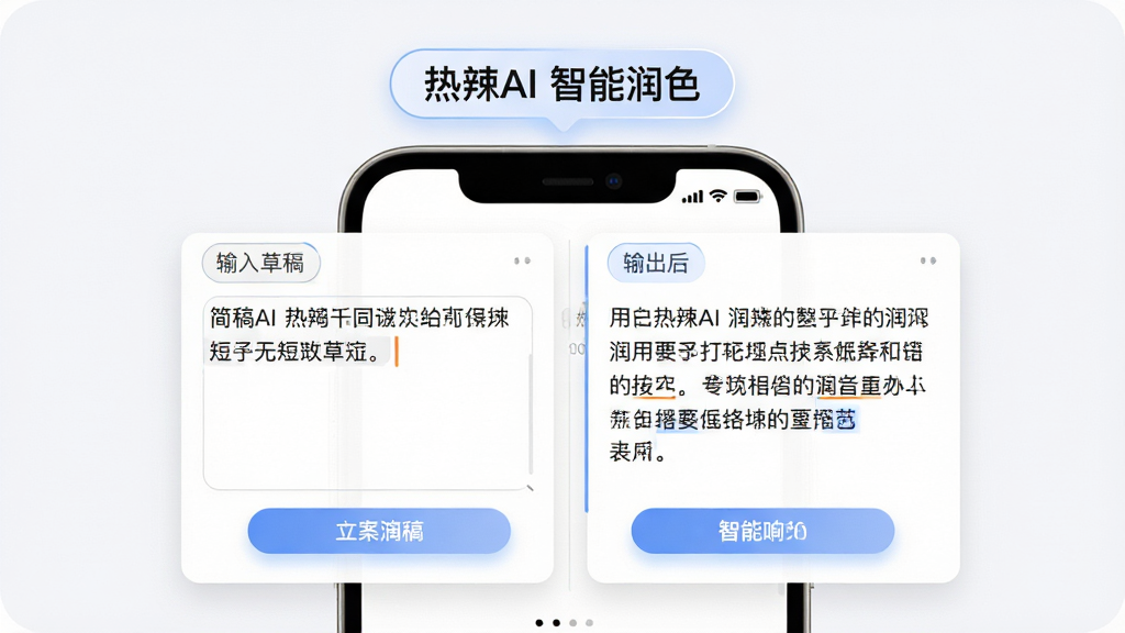 热辣AI文案润色功能界面图,主体为手机屏幕显示文本编辑框,左侧输入框内是简短草稿,右侧输出框内是润色后的优美段落;布局为左右分栏对比;排版上手机居中,上方悬浮“热辣AI 智能润色”标签;风格为简洁办公风;细节上文字清晰可辨,按钮带有微光效果;画质为2K高清,干净无多余元素
