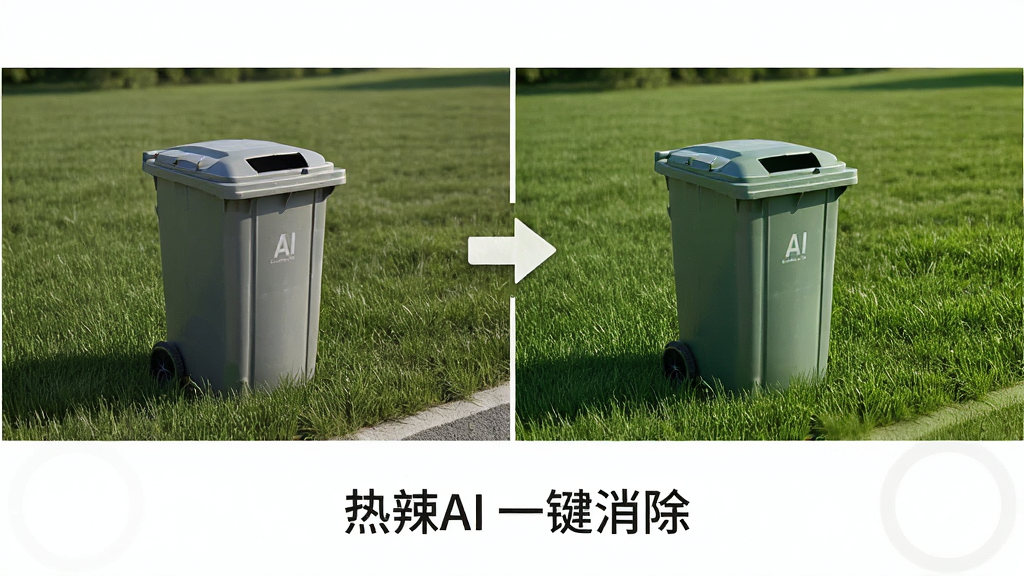 热辣AI智能图像消除功能演示图,主体为一张风景照片,画面左侧显示原始照片中有一个多余的垃圾桶,右侧显示经过热辣AI处理后垃圾桶消失且草地纹理恢复如初;布局采用左右对比形式,中间用带箭头的分割线隔开;排版上照片横置,下方标注“热辣AI 一键消除”;风格为写实摄影与UI标注结合;细节上草地纹理清晰,消除区域无模糊或色块;画质为高清,干净无多余元素