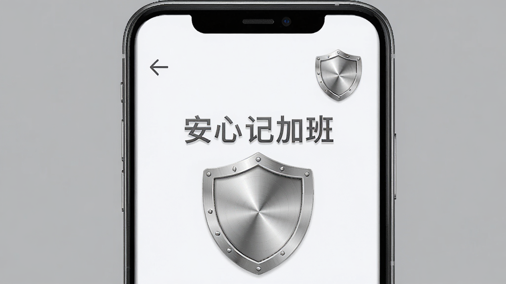 画面主体为“安心记加班”软件界面,屏幕干净整洁,右上角有一个盾牌形状的安全图标;布局为手机正面展示,背景为纯色;排版简洁;风格为安全主题的扁平化设计;细节上盾牌图标有金属质感;画质高清,画面干净,无多余元素